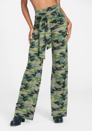 Alloy Apparel Tall Sash Tie Wide Leg Pant for Women in Green Camo Size XL length 37 | Rayon