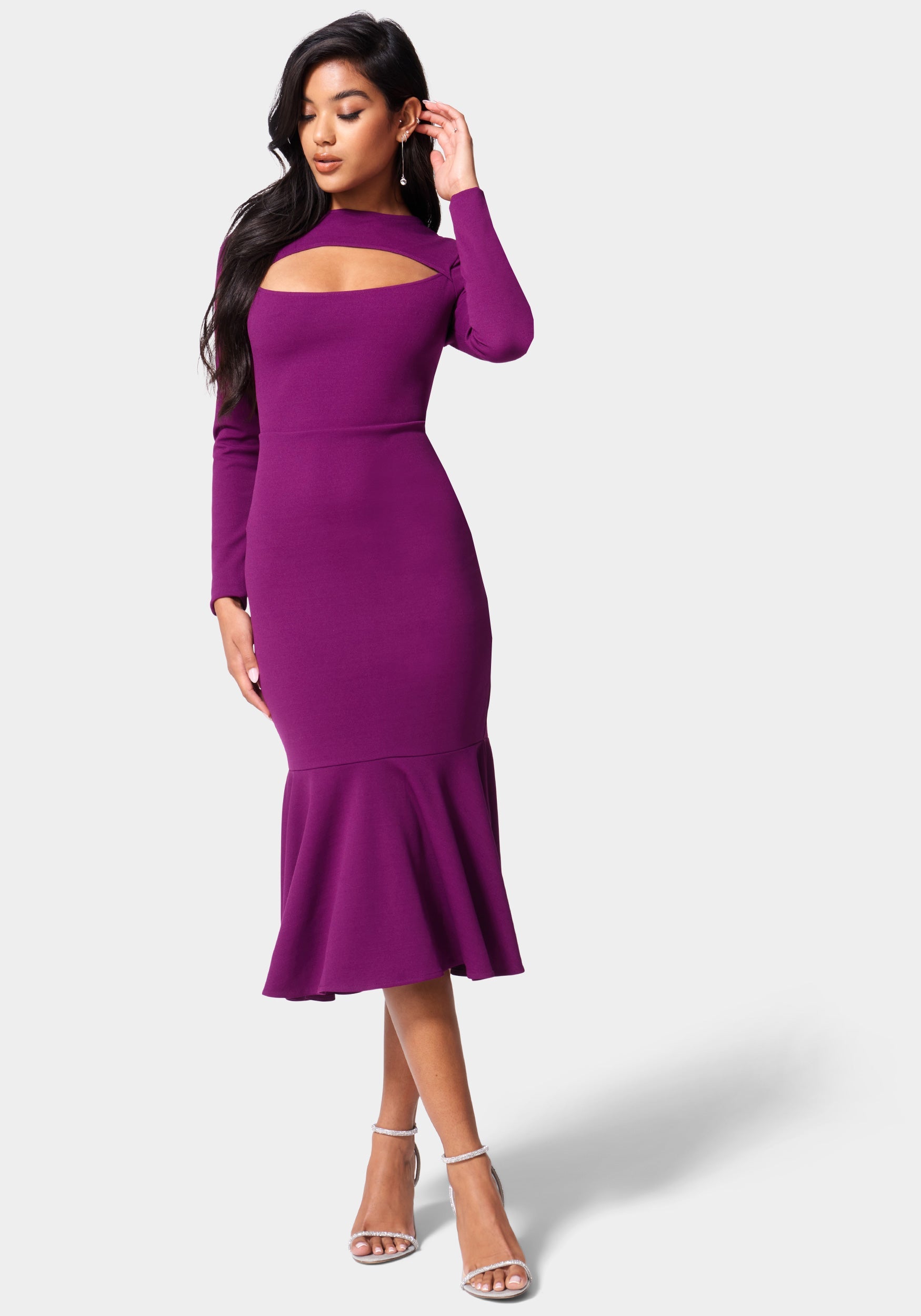 Flounce Hem Long Sleeve Midi Dress 