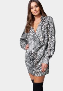 Printed Satin Cowl Neck Shirtdress