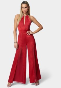 Chiffon Insert Jeweled Halter Jumpsuit