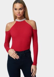 Cold Shoulder Jeweled Sweater