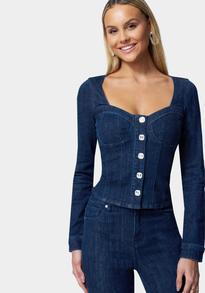 Jeweled Button Down Denim Bustier - The Local Chirp