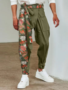 Men Palm Print Spliced Patchwork Belted Pants