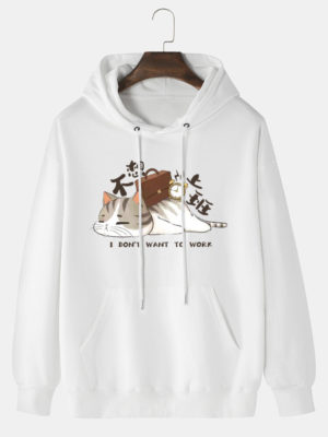 Mens Cartoon Cat Slogan Print Kangaroo Pocket Drawstring Hoodies