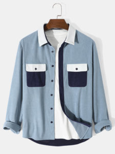 Mens Contrast Color Corduroy Chest Pocket Long Sleeve Shirts