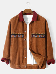 Mens Corduroy Ethnic Embroidered Ribbon Patchwork Lapel Button Casual Jackets