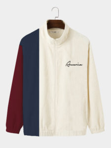 Mens Corduroy Patchwork Embroidered Letter Zipper Stand Collar Jackets