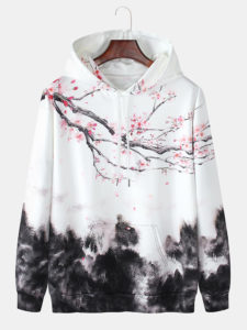 Mens Landscape Painting Print Drawstring Hoodies With Kangaroo Pocket