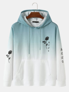 Mens Rose Japanese Ombre Print Kangaroo Pocket Drawstring Hoodies