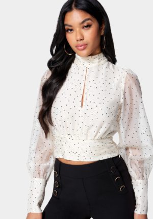 Organza Mock Neck Keyhole Ruched Blouse