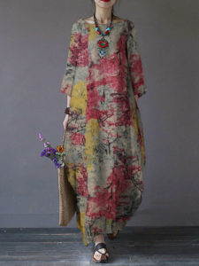 Printed O-neck Side Pockets Cotton 3/4 Sleeve Long Dress