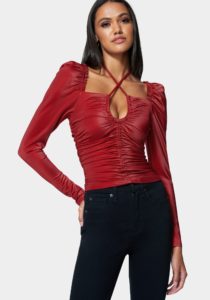 Puff Sleeve Coated Ruched Top