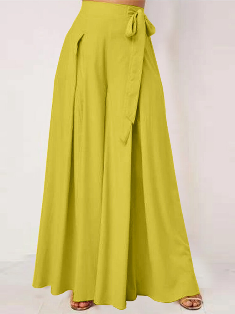 Solid Color Wide-legged Bowknot Belt Pleated Loose Pants