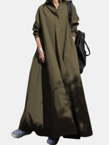 Women Solid Color Lapel Collar Long Sleeve Casual Dress