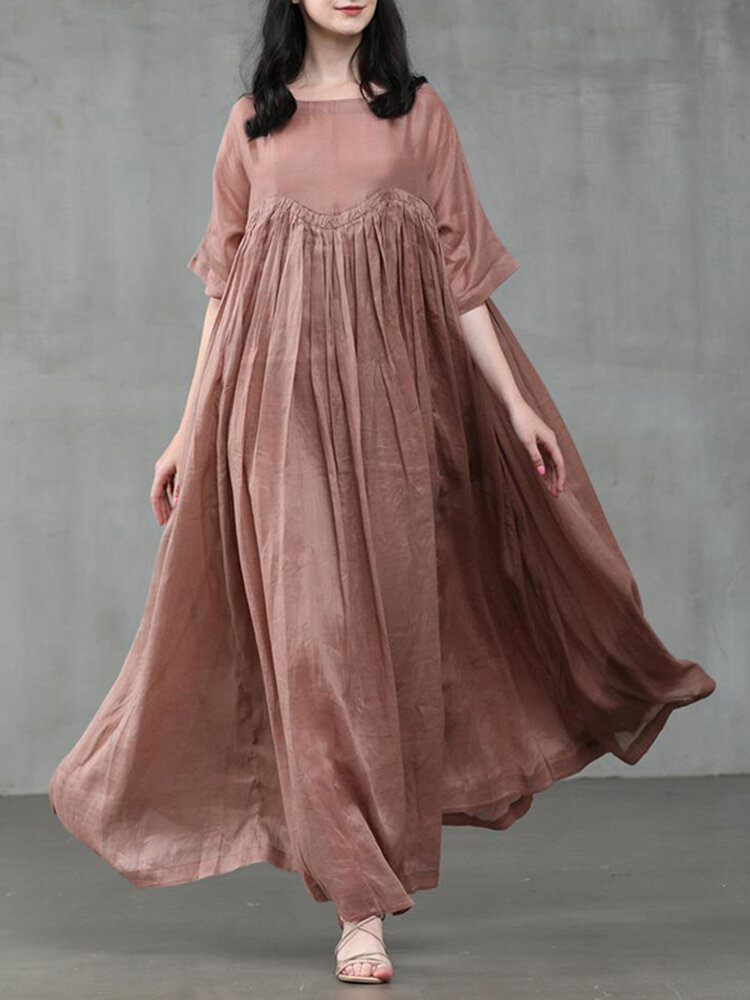 Women Solid Color Patchwork Half Sleeves Casual Maxi Dress