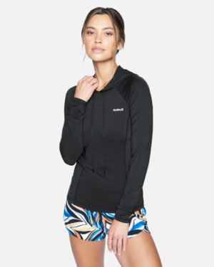Women's One And Only Solid Long Sleeve Hoodie Surf Shirt in Black, Size Medium