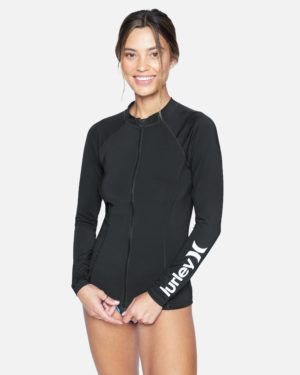 Women's One And Only Solid Long Sleeve Zip Front Rashguard in Black, Size XS