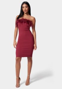 Feather Trim Strapless Midi Dress