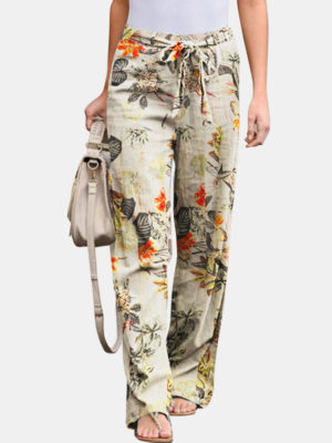 Floral Printed Elastic Waist Straight-Legged Pants For Women