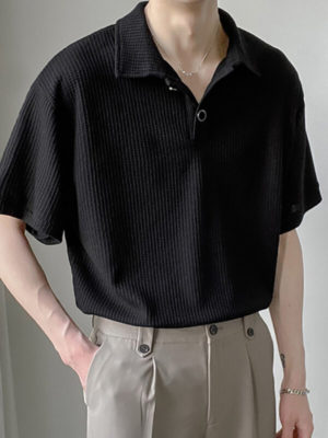 Men Textured Lapel Half Sleeve T-shirt