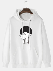 Mens Cartoon Cat Graphic Kangaroo Pocket Drawstring Hoodies