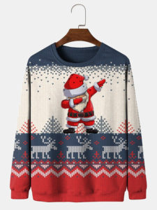 Mens Christmas Santa Claus Print Crew Neck Loose Pullover Sweatshirts
