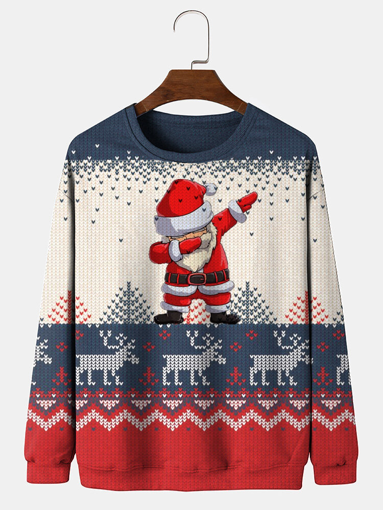 Mens Christmas Santa Claus Print Crew Neck Loose Pullover Sweatshirts