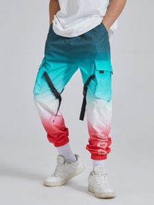 Mens Ombre Letter Print Ribbon Utility Pocket Cargo Pants