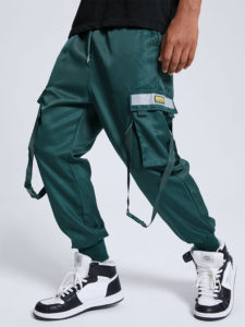Mens Solid Color Multi Pocket Ribbon Cuffed Cargo Pants
