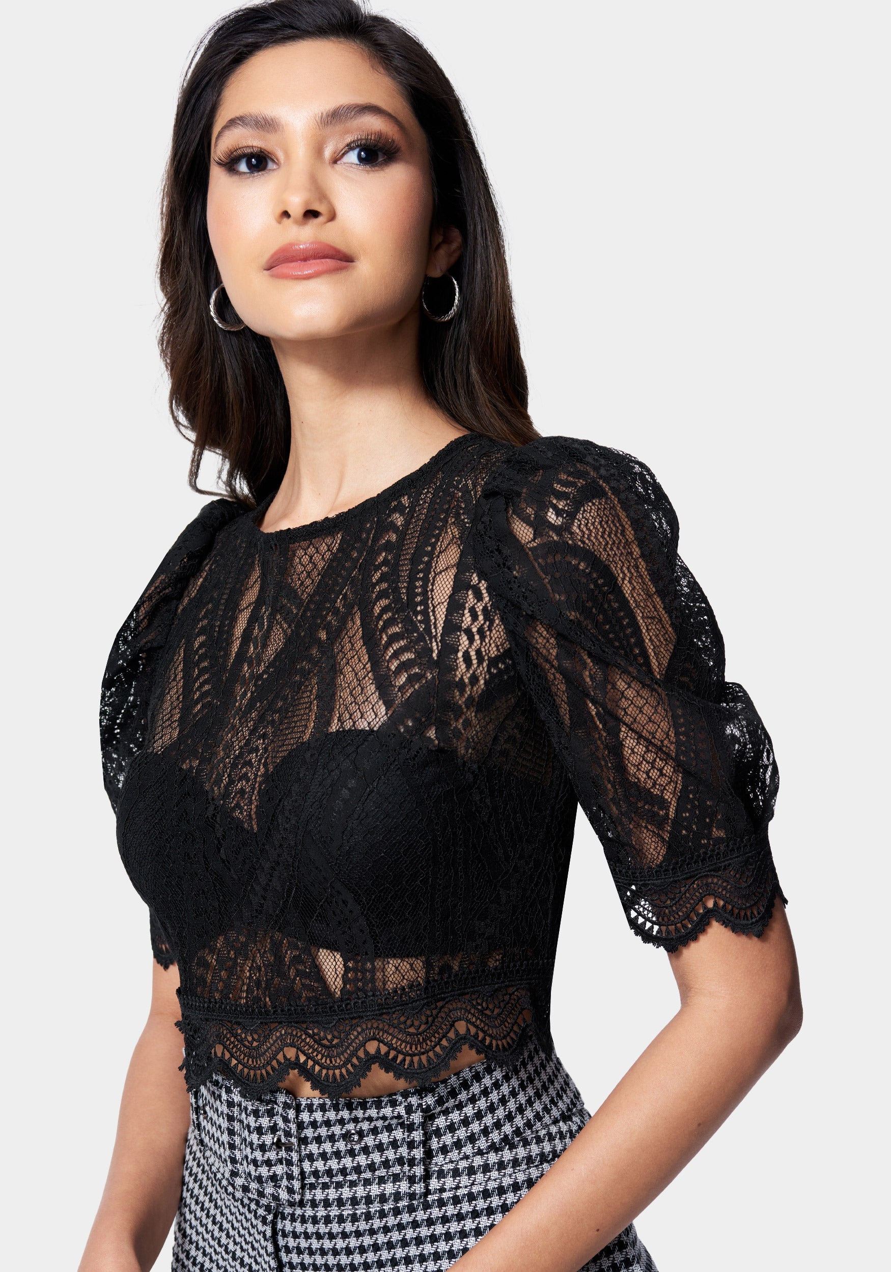 Open Lace Puff Sleeve Top