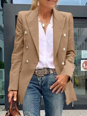 Solid Double Breasted Lapel Long Sleeve Blazer