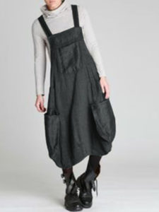 Vintage Straps Solid Color Loose Dress With Pockets