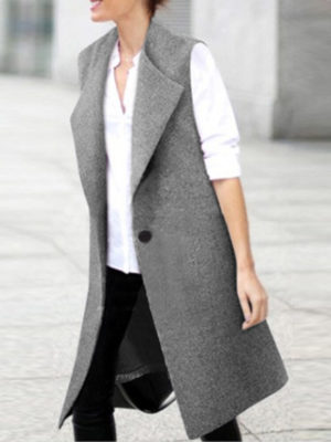 Women Solid Pocket Sleeveless Lapel Vest Jacket