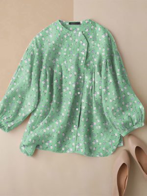 Allover Floral Print Button Long Sleeve Stand Collar Blouse