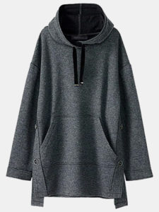 Casual Slit Hem Pocket Long Sleeve Drawstring Hoodie