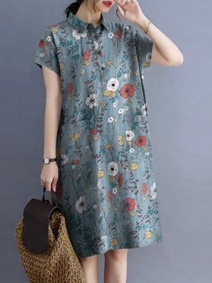Flower Abstract Painted Print Button Pocket Lapel Midi Dress