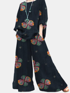 Flower Print Pocket Long Sleeve Two Pieces Suit