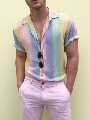 Men Rainbow Striped Print Short-sleeved Shirt