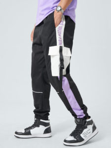 Men Side Stripe Patchwork Letter Print Street Cargo Pants