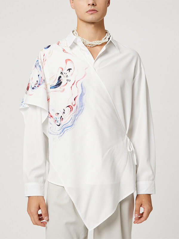 Mens Chinese Style Print Tie-Up Shawl Shirt