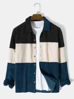 Mens Corduroy Color Block Panel Stitching Casual Long Sleeve Shirts