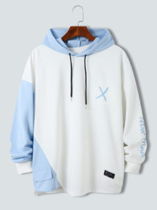 Mens Cross Letter Print Irregular Patchwork Loose Hoodies