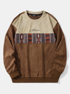 Mens Ethnic Pattern Patchwork Crew Neck Faux Suede Pullover Sweatshirts
