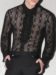 Mens Lace See Through Long Sleeve Ruffle Shirt