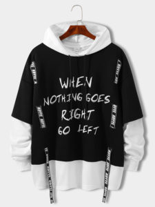Mens Letter Print Ribbon Design Contrast Patchwork Hoodies
