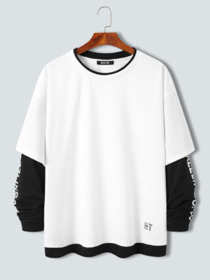 Mens Letter Sleeve Print Crew Neck Contrast Faux Twinset T-Shirts
