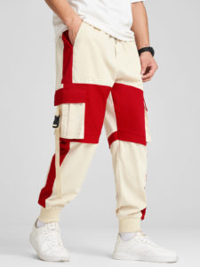 Mens Side Stripe Color Block Patchwork Ribbon Cargo Pants