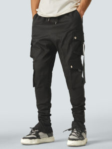 Mens Solid Color Multi Pocket Ribbon Split Cuff Cargo Pants