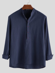 Mens Solid Stand Collar Button Long Sleeve Shirt