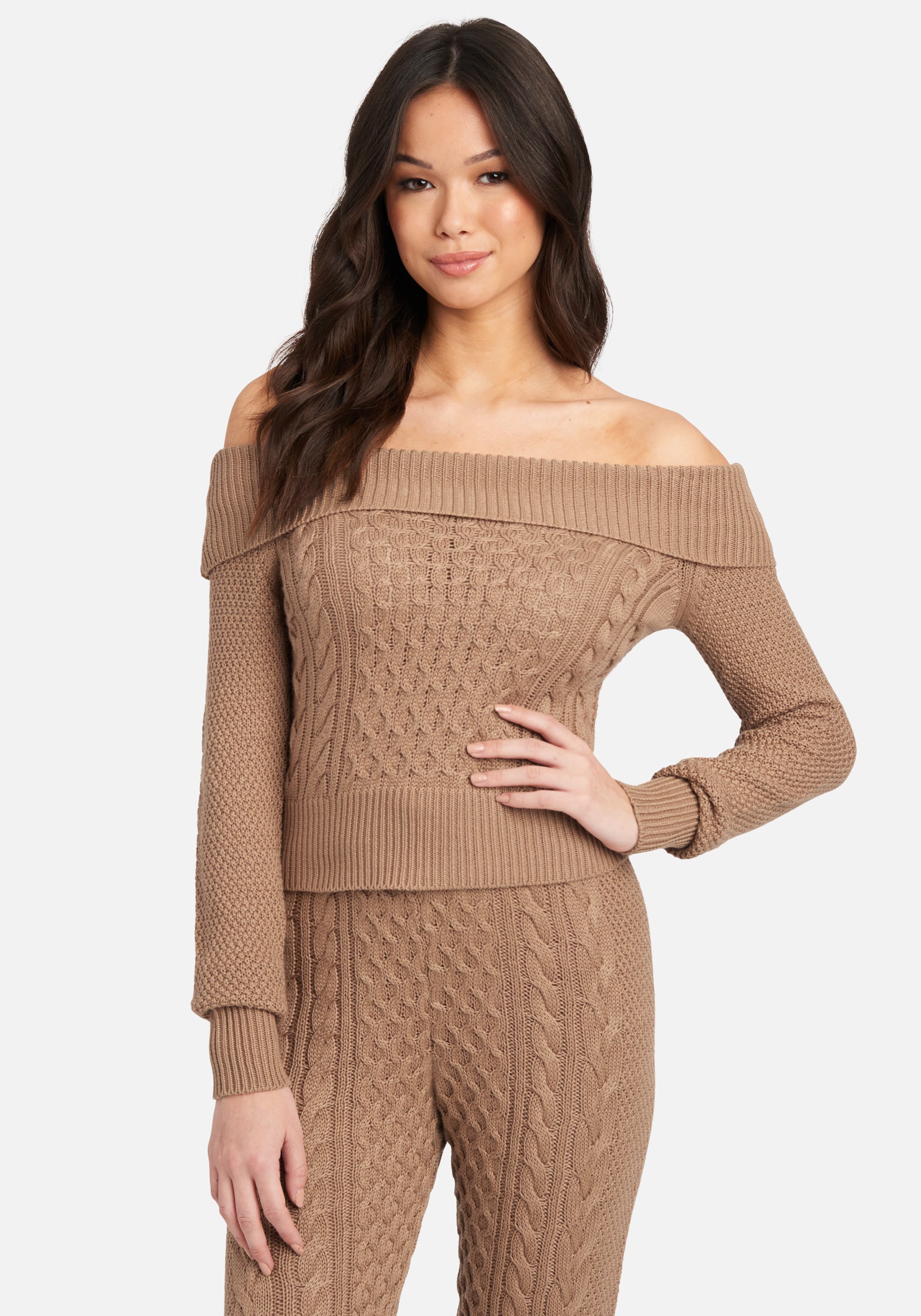 Off Shoulder Cable Knit Sweater Top
